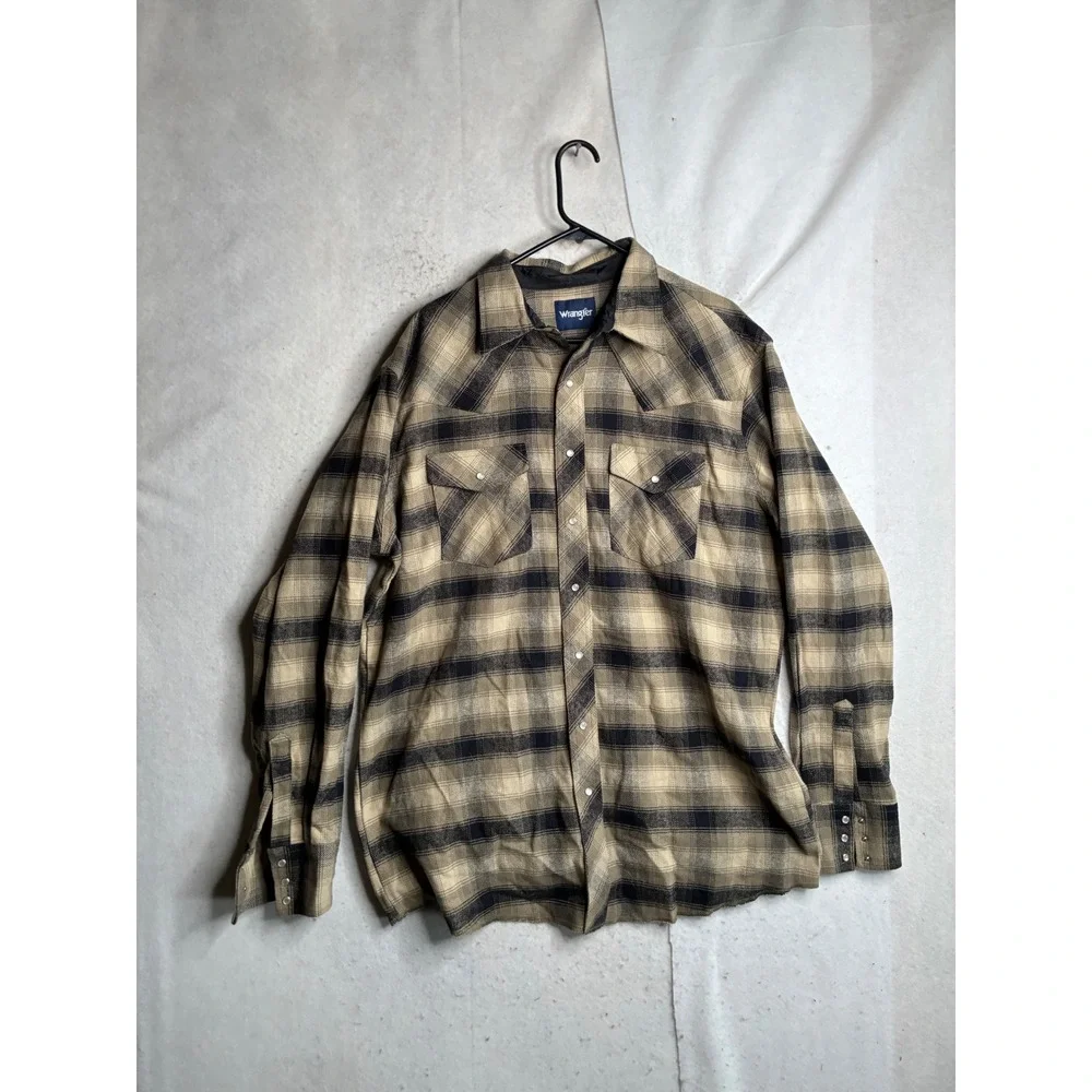 Wrangler Mens Plaid Western Snap Shirt Tan Black XLT Tall 75273AA Long Sleeve